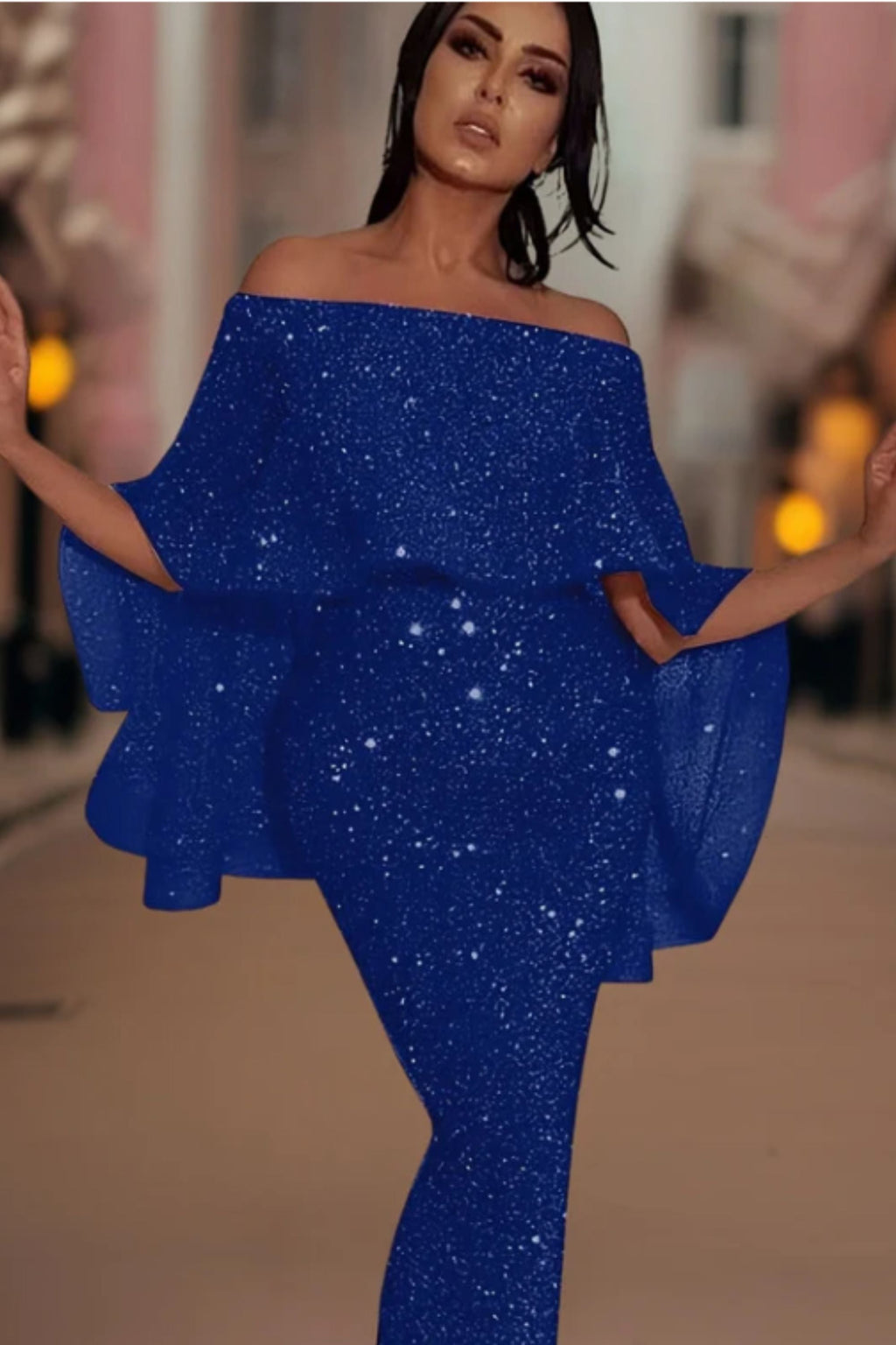 Off-Shoulder Glitzer Maxi Kleid