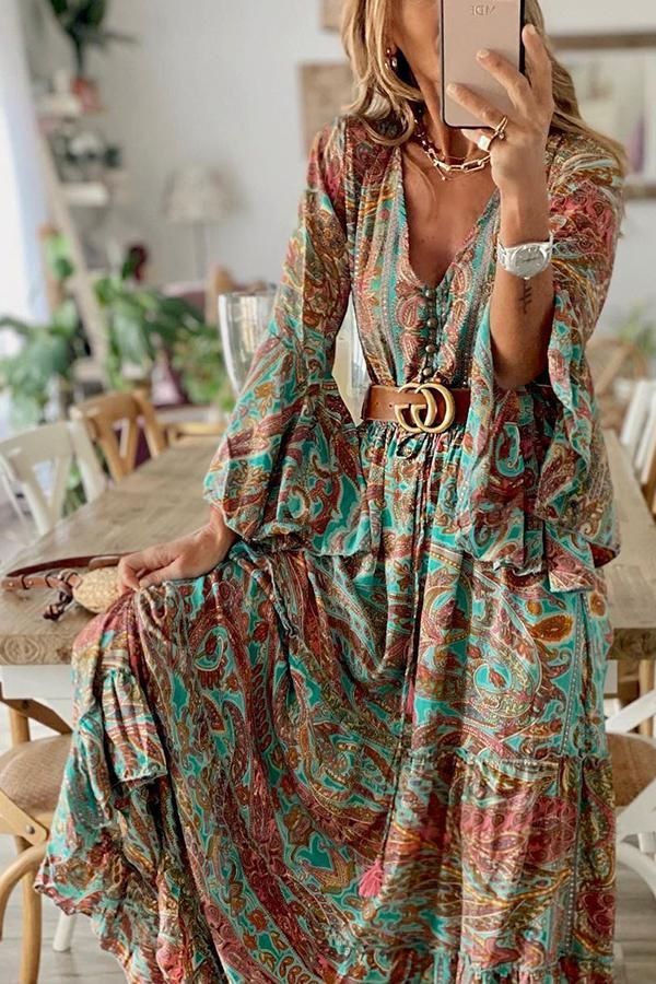 Damen Bohemianpaisley Druck & Trompetenärmel Kleid Maxi