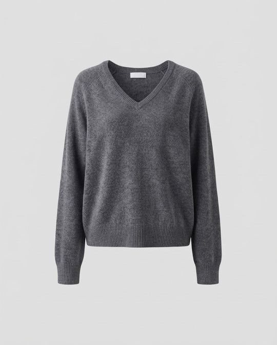 Damen Lässiger V‑Ausschnitt Wollmix‑Pullover mit Raglanärmeln und geripptem Saum Shop Nory
