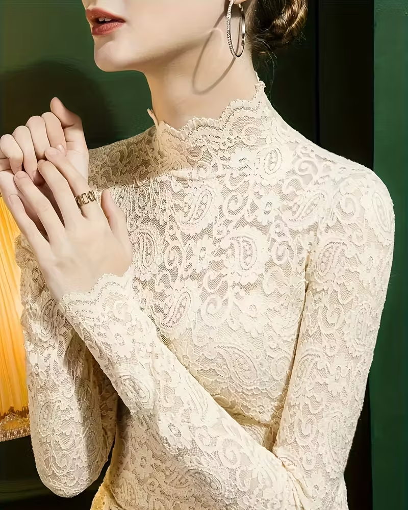 Elegant Unifarben Halbausschnitt Langarm Spitze