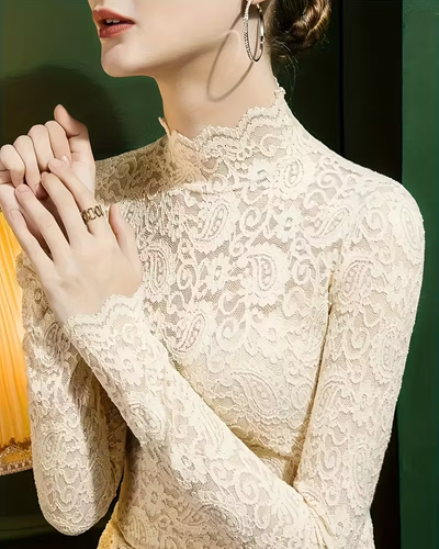 Elegant Unifarben Halbausschnitt Langarm Spitze