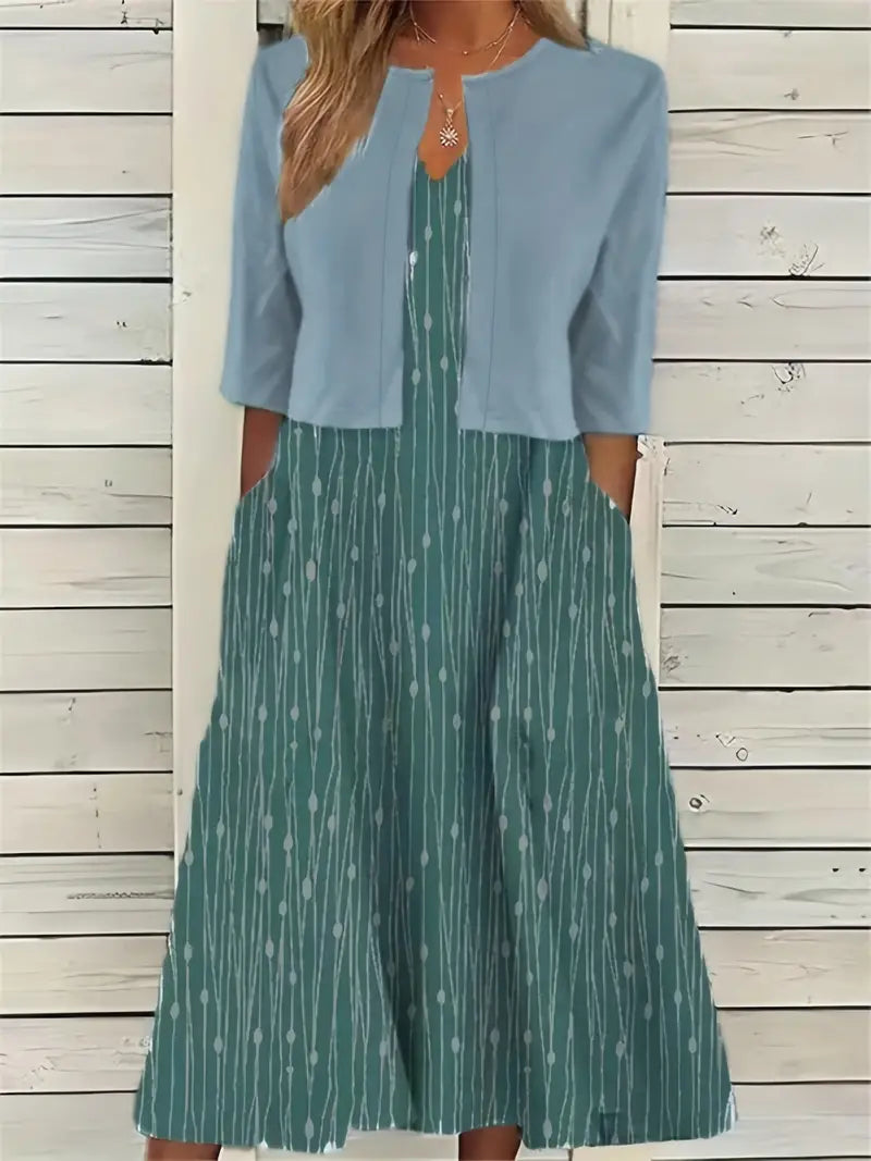 Shopnory | Elegante Zweiteilige Blumenkleid-Set mit Einfarbigem Crop-Top und Rundhalskleid
