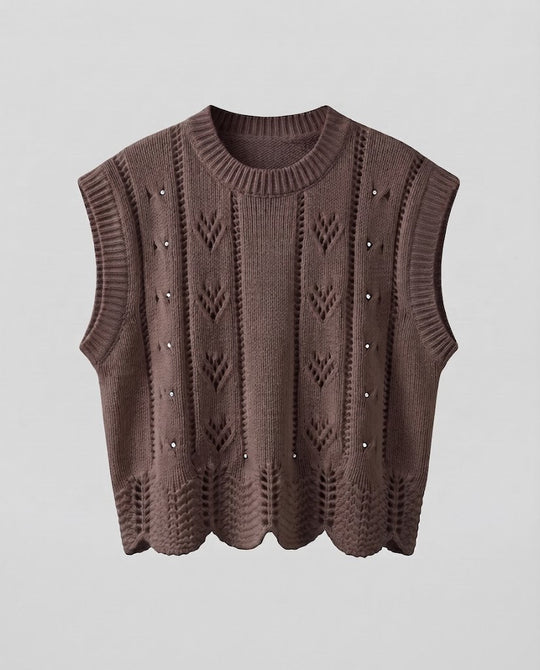 Damen Gestrickte Ajour-Ärmellose Weste mit Muschelsaum Shop Nory