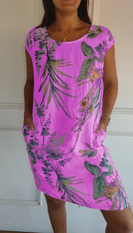 Damen Bedrucktes Baumwoll- und Leinenkleid