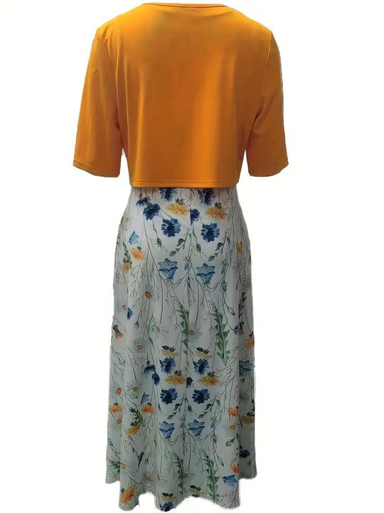Shopnory – elegantes zweiteiliges blumenkleid-set mit einfarbigem crop-top und kleid mit rundhalsausschnitt