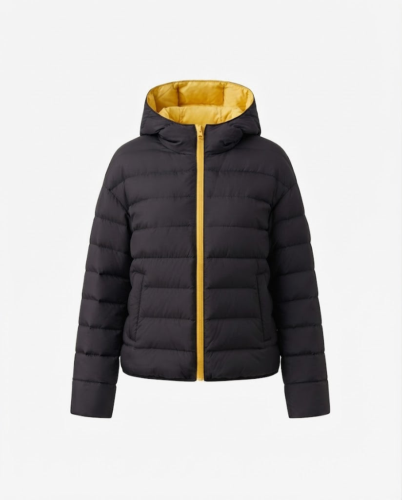 Damen nan minimalistischer kurzer thermo gesteppter Jacke mit ergonomischer Kapuze, maßgeschneidertem Nahtdesign und winddichtem Außenmaterial