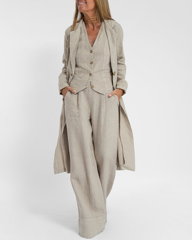 Elegantes 2-Teiliges Set Leinen Weite Hose & Weste