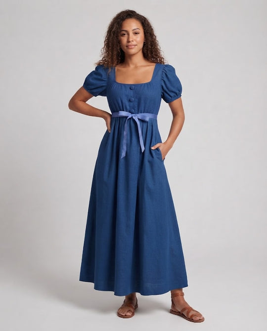 Frauen Elegantes Maxikleid mit Puffärmeln und Taillengürtel Shop Nory