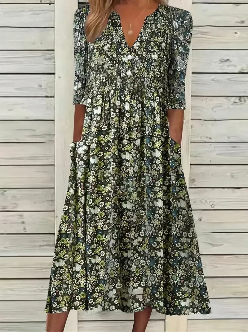 Midikleid A-Linie Passform V-Ausschnitt 3/4 Ärmel Blumenmuster