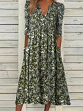 Midikleid A-Linie Passform V-Ausschnitt 3/4 Ärmel Blumenmuster