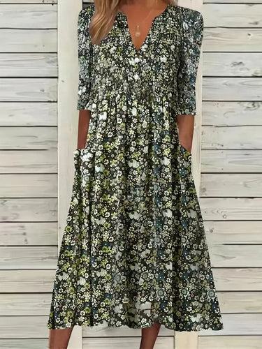 Midikleid A-Linie Passform V-Ausschnitt 3/4 Ärmel Blumenmuster