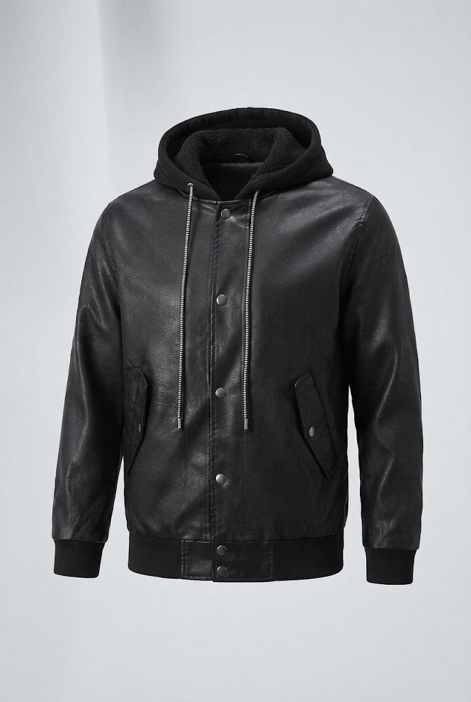 Herren Modische Kunstlederjacke mit Kapuze Shop Nory