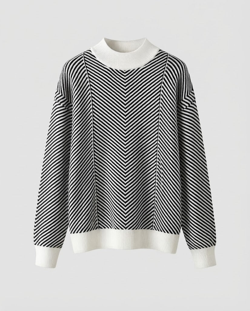Damen Feinstrick-Pullover mit Chevron-Streifen und leichtem Mockneck Shop Nory