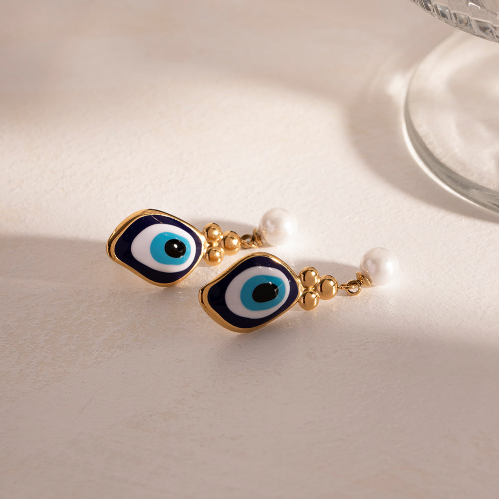 Ohrringe "Naz" Evil Eye mit Perle in Edelstahl - 18k vergoldet | Shop Nory