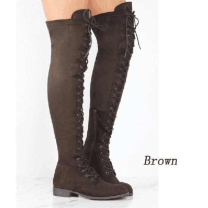 Damen Overkneestiefel aus weichem Wildleder mit dekorativem Schnür-Design