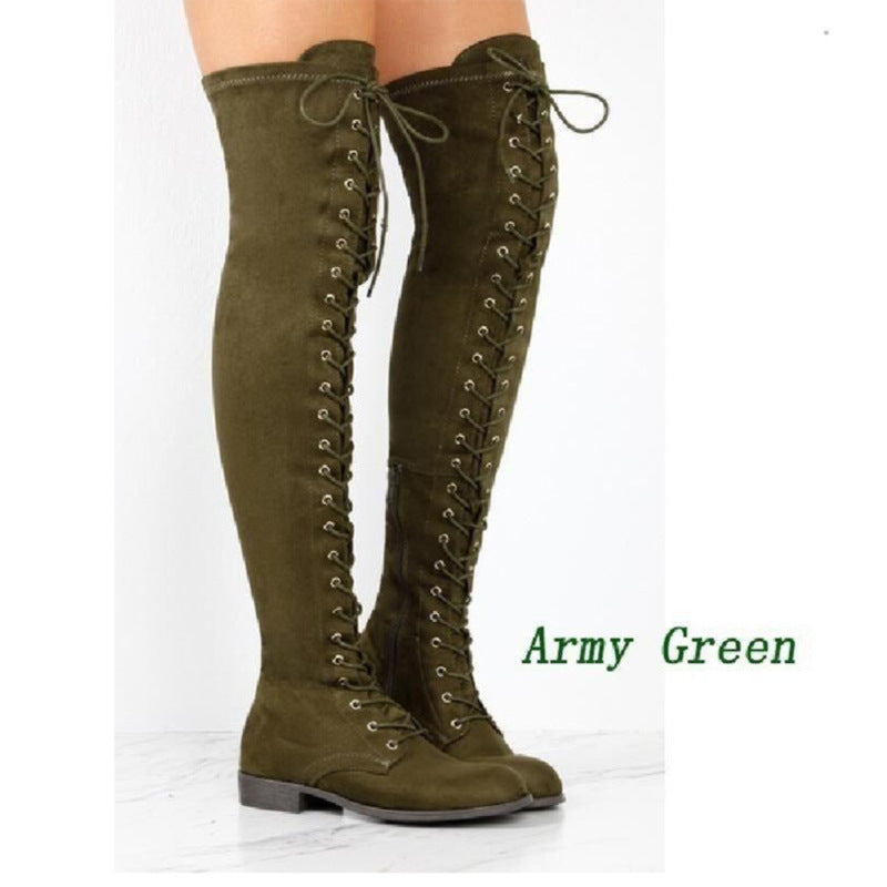 Damen Overkneestiefel aus weichem Wildleder mit dekorativem Schnür-Design