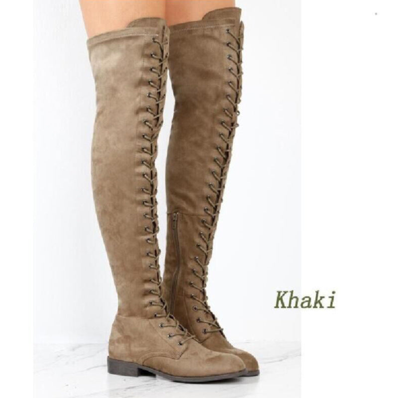 Damen Overkneestiefel aus weichem Wildleder mit dekorativem Schnür-Design