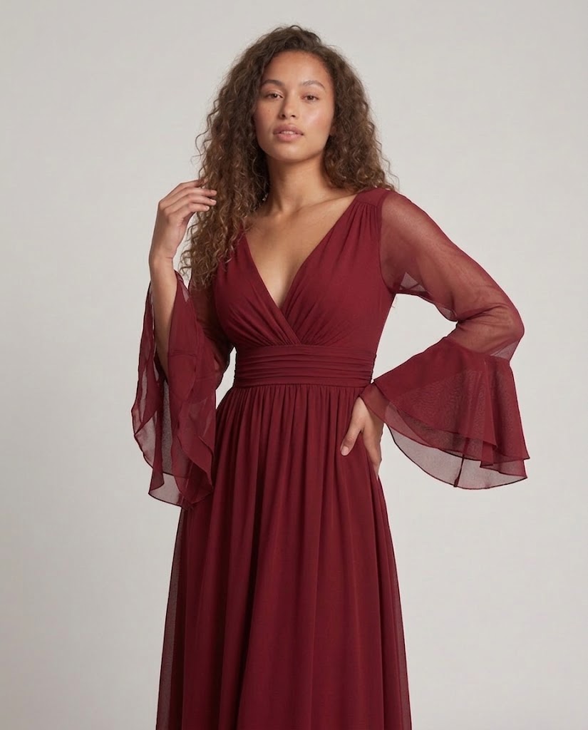 Damen Elegantes Maxikleid mit transparenten Ärmel und V-Ausschnitt Shop Nory
