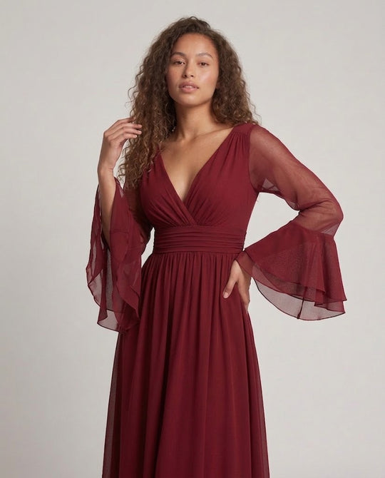 Damen Elegantes Maxikleid mit transparenten Ärmel und V-Ausschnitt Shop Nory