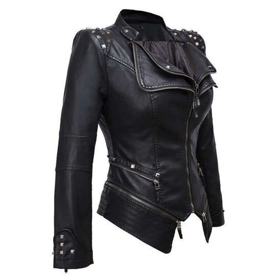 Damen Enganliegende Genietete Biker Lederjacke