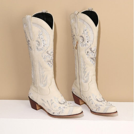 Bestickte Western Denim Retro Damen Knielange Stiefel