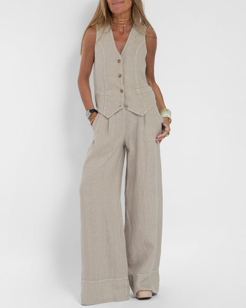Elegantes 2-Teiliges Set Leinen Weite Hose & Weste
