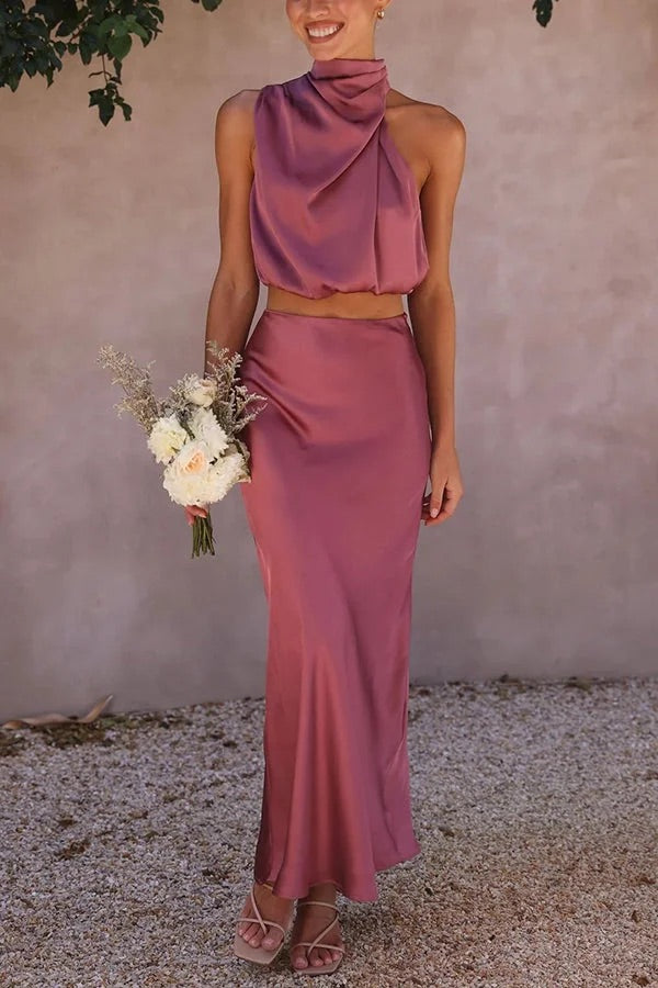 Solch Eine Stimmung Hochgeschlossene Satin Drapiert Maxirock Set