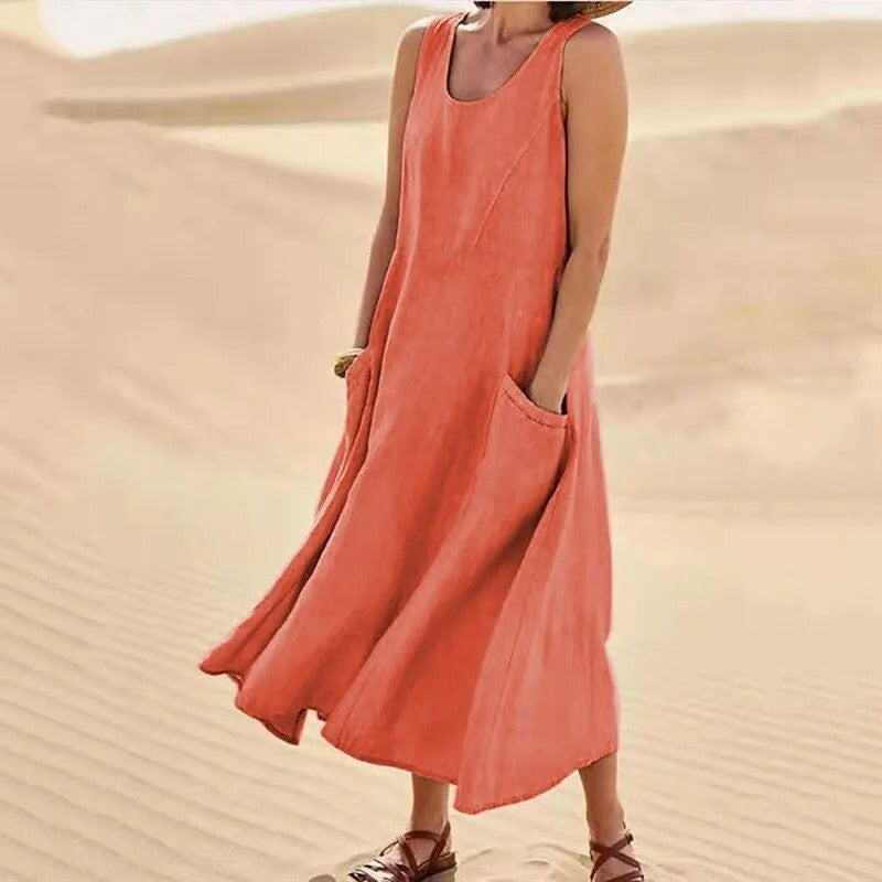 Leinen-Baumwoll-Ärmelloses Kleid für Frauen