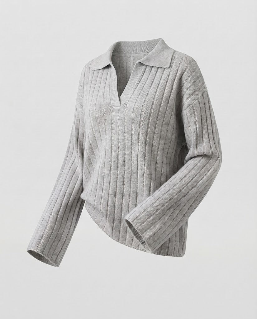 Damen Grobgerippter Wollmix-Pullover mit Polokragen und weiten Ärmeln Shop Nory