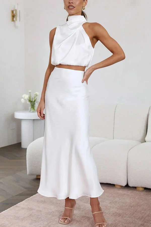 Solch Eine Stimmung Hochgeschlossene Satin Drapiert Maxirock Set