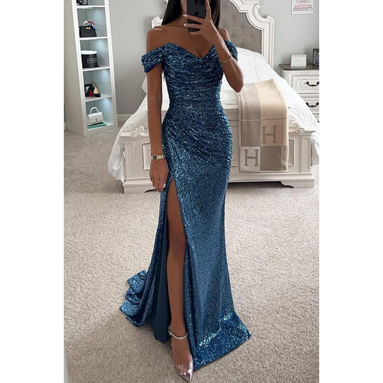Glitzerndes Damen Abendkleid Schulterfreies Maxikleid mit Schlitz für Hochzeit & Fest | ShopNory