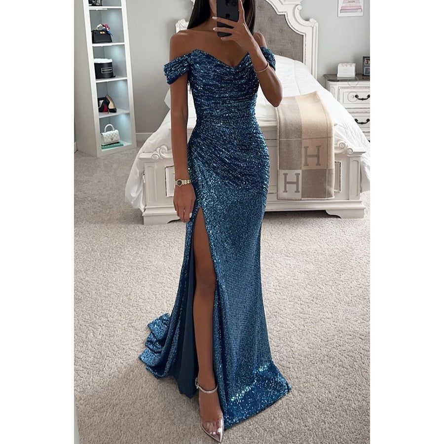 Glitzerndes Damen Abendkleid Schulterfreies Maxikleid mit Schlitz für Hochzeit & Fest | ShopNory