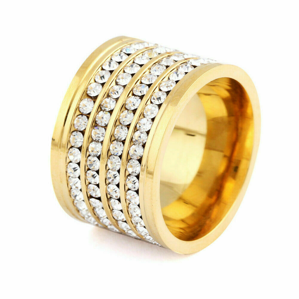 Glänzende 4-Reihen-Kristall-Goldgefüllte Edelstahl-Eheringe | Shop Nory