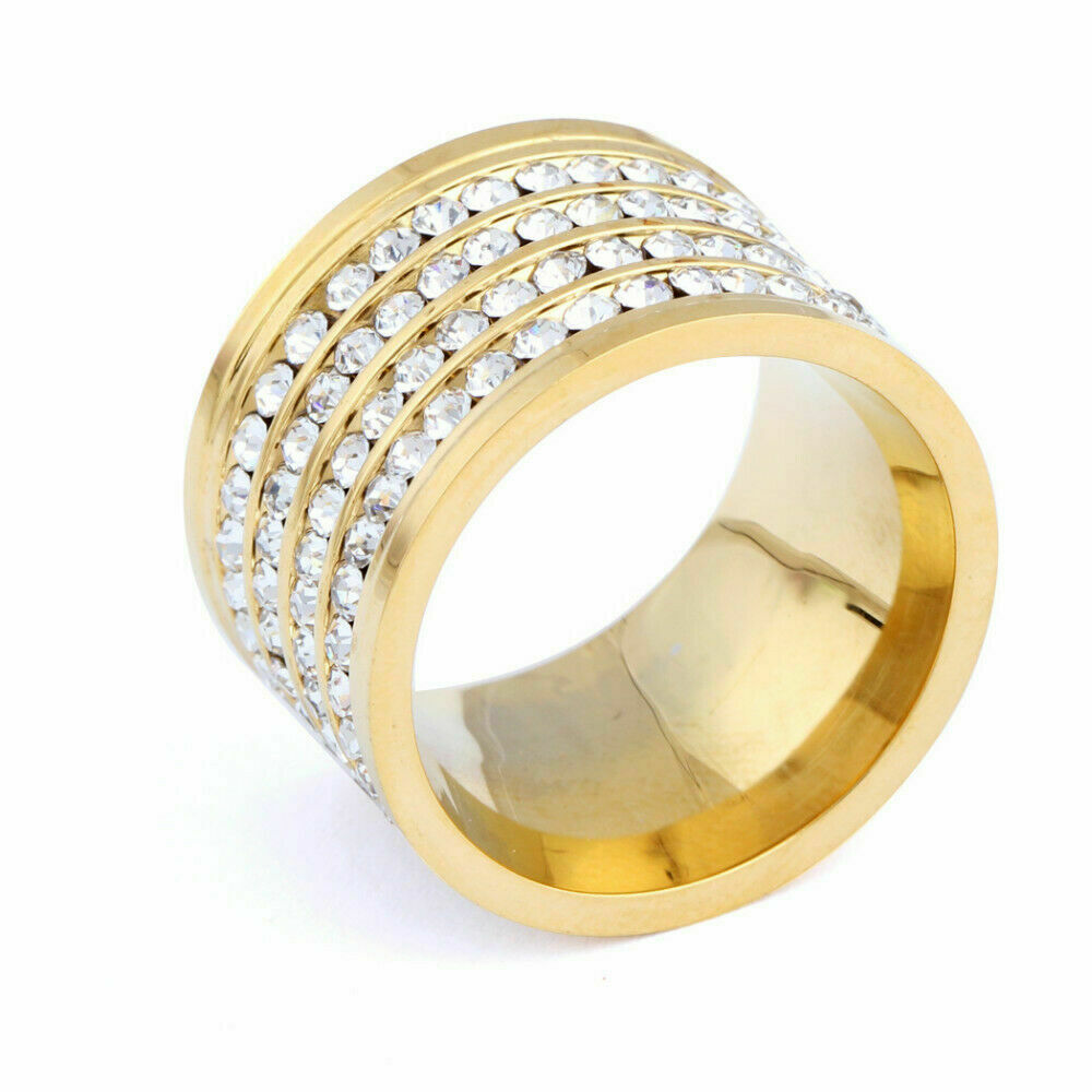 Glänzende 4-Reihen-Kristall-Goldgefüllte Edelstahl-Eheringe | Shop Nory