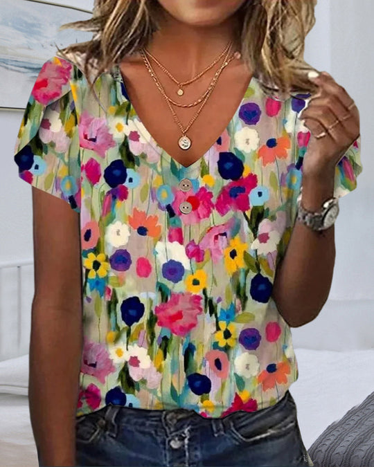 Shopnory | Kurzärmlige Farbenfrohe Blumenbluse mit V-Ausschnitt