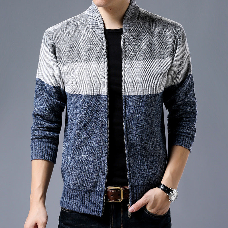 Herren Strick-Zipjacke mit Blockstreifen, Stehkragen und Rippbündchen Shop Nory