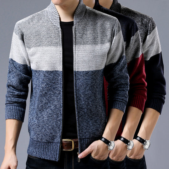 Herren Strick-Zipjacke mit Blockstreifen, Stehkragen und Rippbündchen Shop Nory