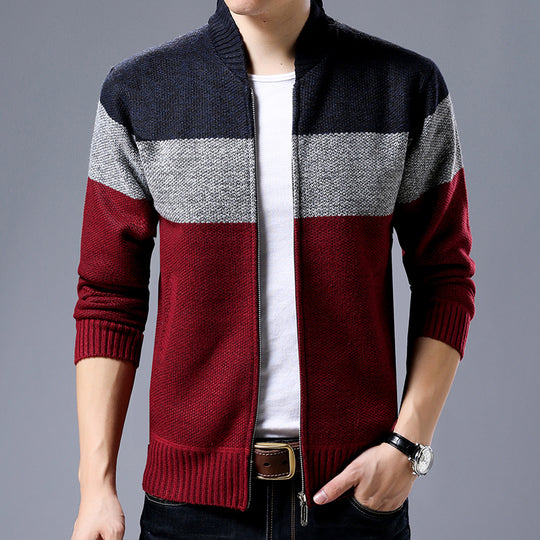 Herren Strick-Zipjacke mit Blockstreifen, Stehkragen und Rippbündchen Shop Nory