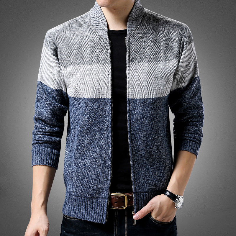 Herren Strick-Zipjacke mit Blockstreifen, Stehkragen und Rippbündchen Shop Nory