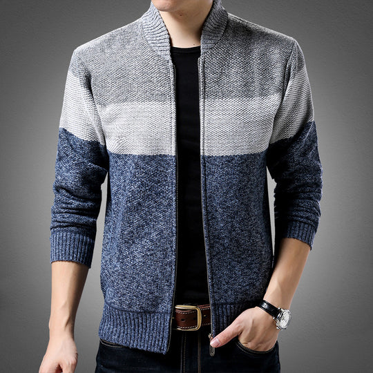 Herren Strick-Zipjacke mit Blockstreifen, Stehkragen und Rippbündchen Shop Nory