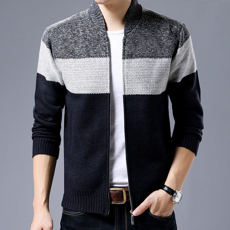 Herren Strick-Zipjacke mit Blockstreifen, Stehkragen und Rippbündchen Shop Nory
