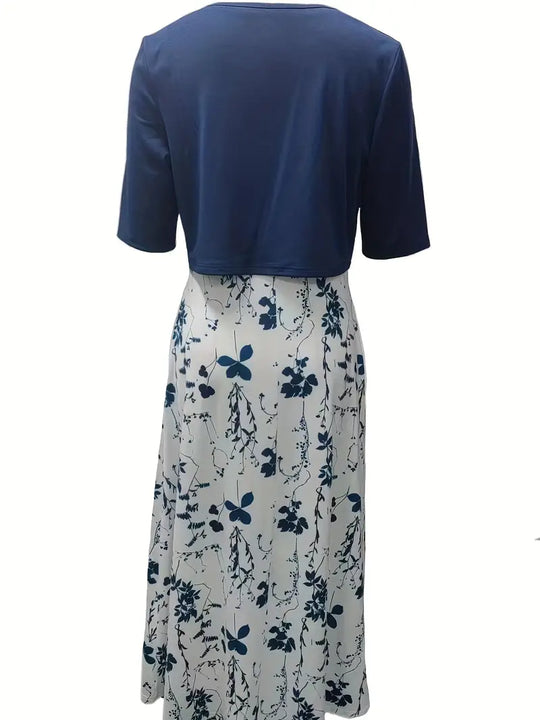 Shopnory | Elegante Zweiteilige Blumenkleid-Set mit Einfarbigem Crop-Top und Rundhalskleid