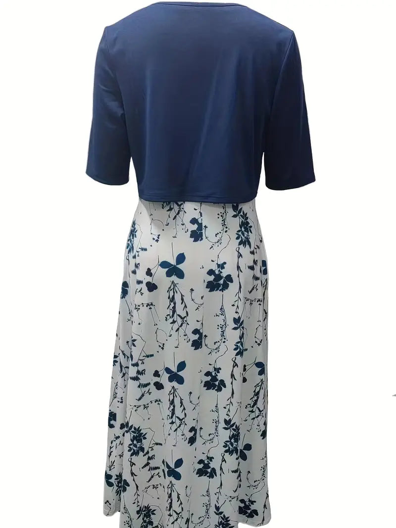 elegantes zweiteiliges Blumenkleid-Set mit einfarbigem Crop-Top und Kleid mit Rundhalsausschnitt