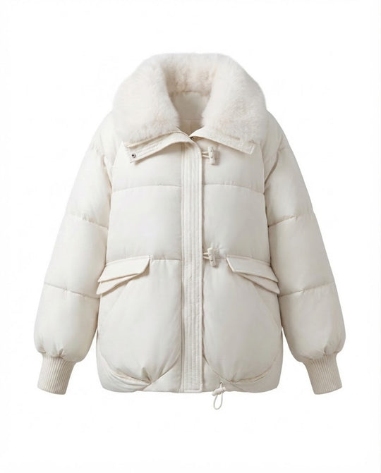Damen moderne oversized Pufferjacke mit voluminösem Teddy-Kragen, verdecktem Zwei-Wege-Reißverschluss und verstellbarem Saum