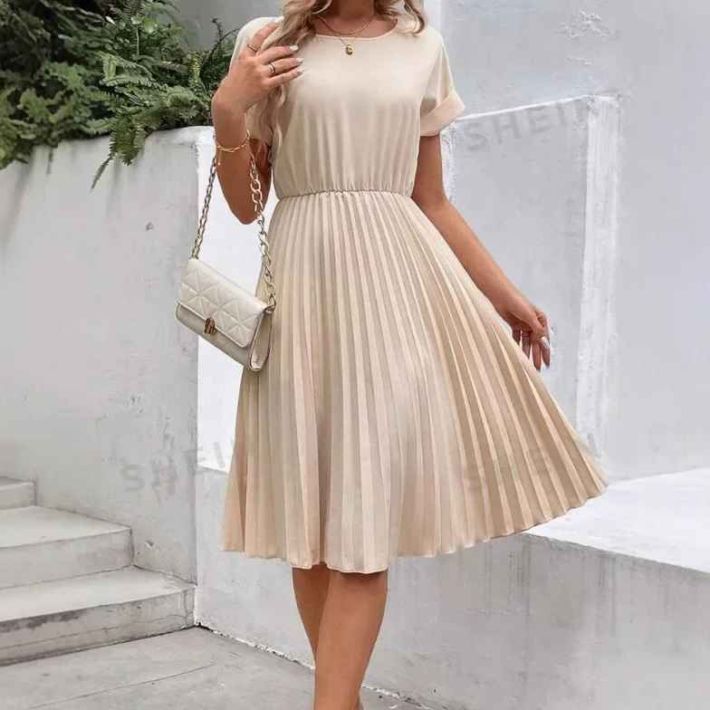 Einfarbig Plissierter Kurzarmkleid