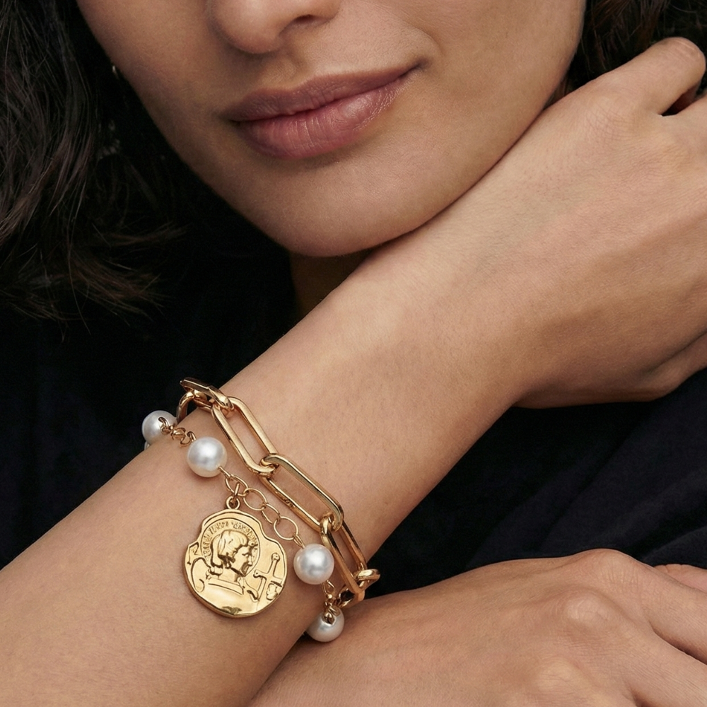 Damen Gliederarmband mit Perlen und Münzanhänger | Shop Nory