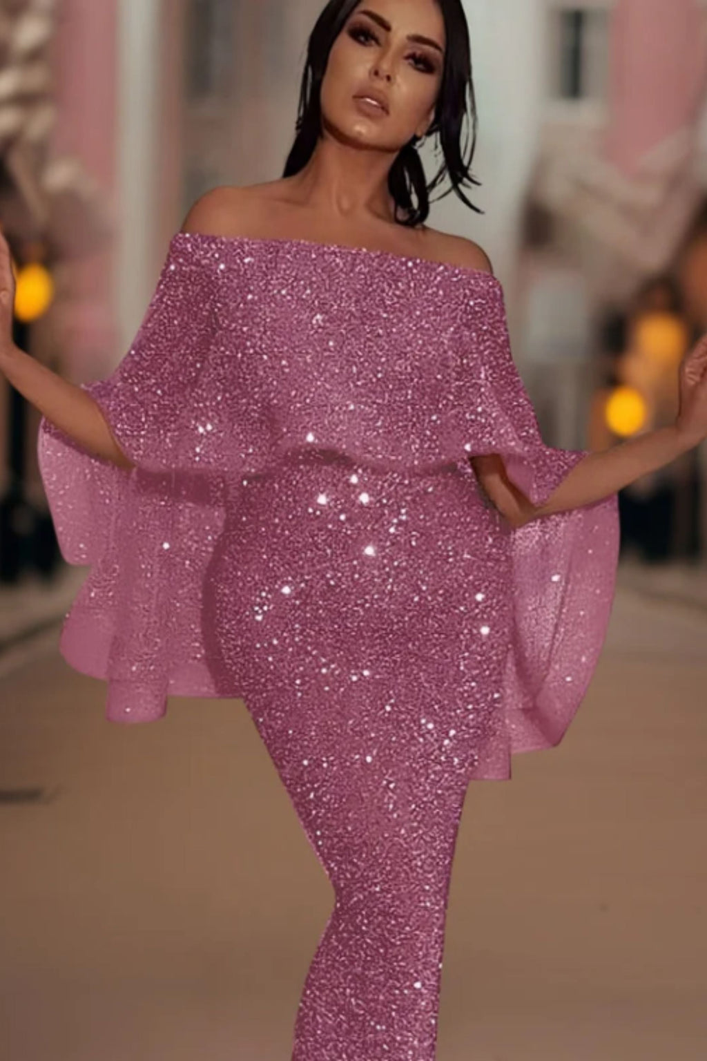 Off-Shoulder Glitzer Maxi Kleid