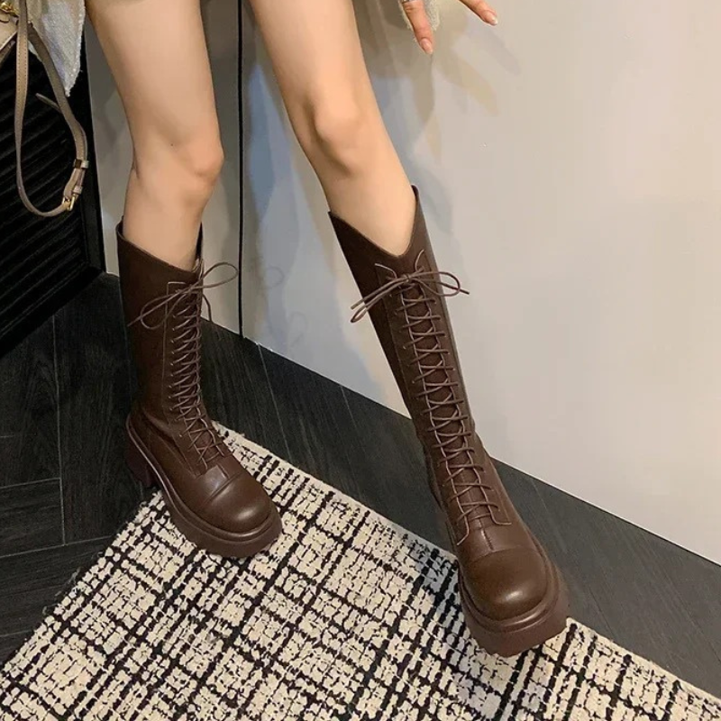 Hohe Stiefel Damenstiefel mit Schnürung und Robuster Ferse