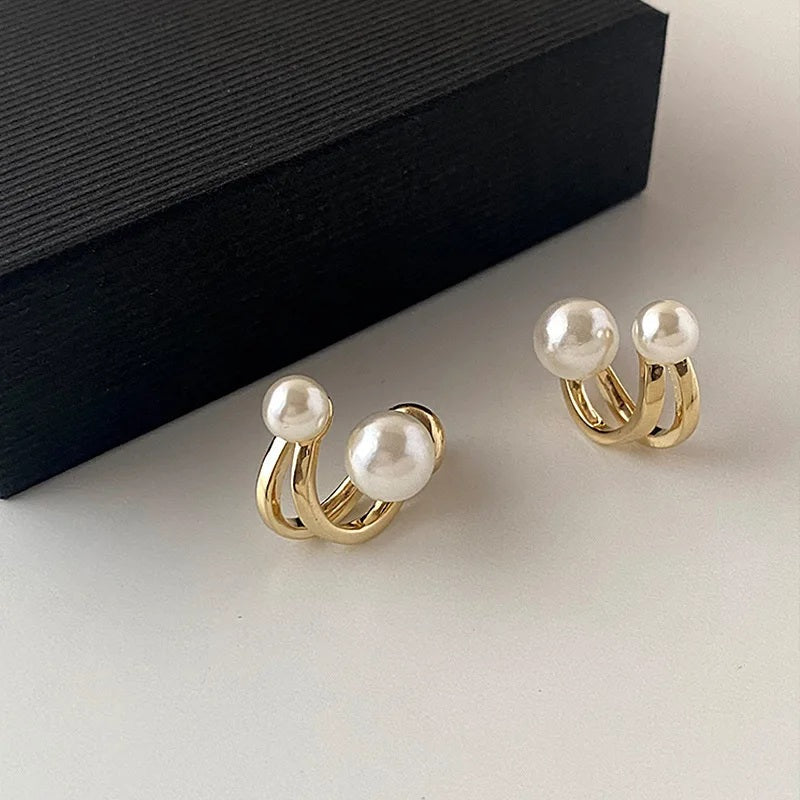Damen Gold Doppelseitige Simulierte Perlen Doppelschicht0 Haken Stud Ohrringe | Shop Nory