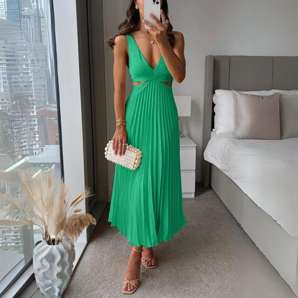 ShopNory | Midi Kleid Ärmellos V-Ausschnitt Twist Front & Cut Out Detail Plissierter Rock